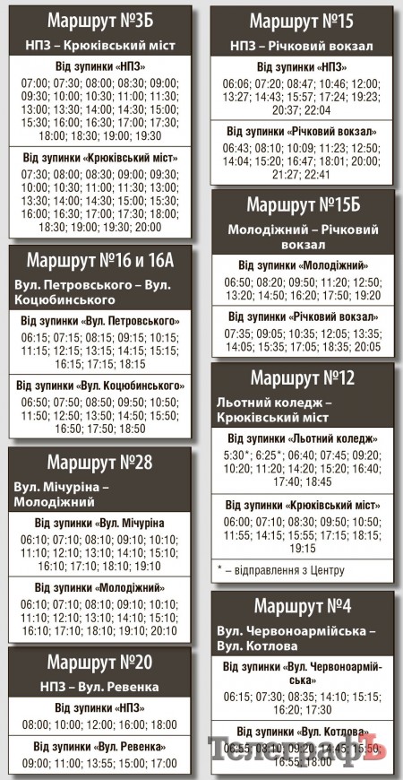 График движения маршруток по 1,50 грн в Кременчуге