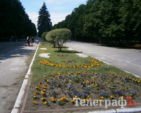 При входе на Центральную алею Приднепровского парка первая клумба не засажена цветами и заросла травой