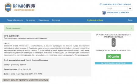 Нова петиція: встановити на зупинці «вул.Ковальова» світлофор з кнопкою