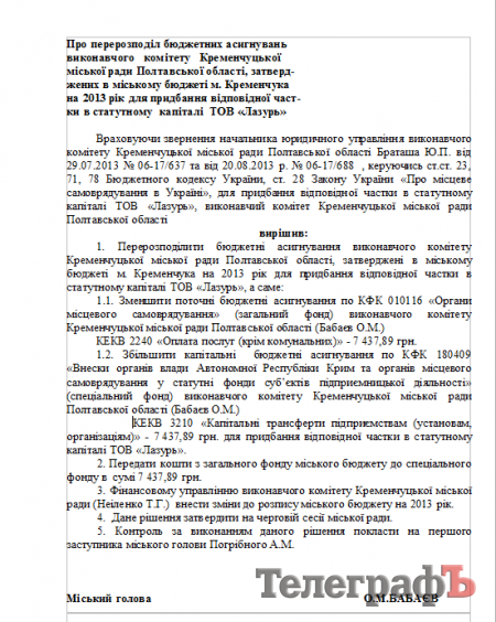 Кременчуг покупает часть капитала ООО «Лазурь». Зачем — неизвестно