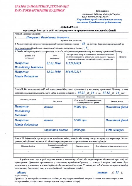 Где кременчужанам помогут заполнить бланк заявления на субсидию и декларацию?