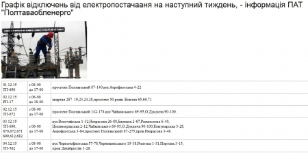 Де наступного тижня в Кременчуці не буде світла