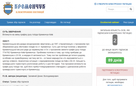 Новая петиция мэру: изменить график поезда Кременчуг-Киев