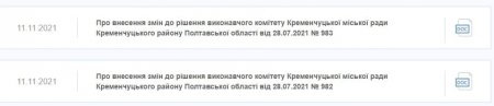Ось такі проєкти рішень, скрин із сайту Кременчуцької міькради