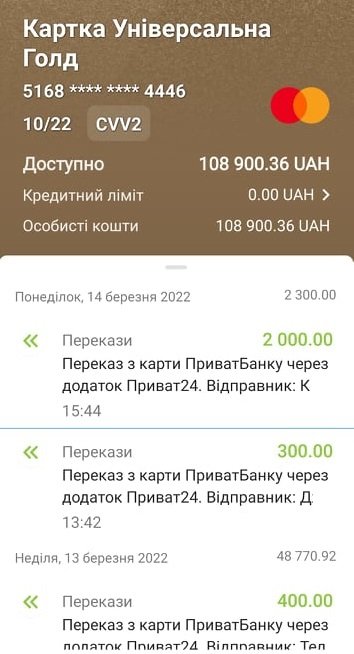 Надходження коштів на картку власника та керівника Телеграфа