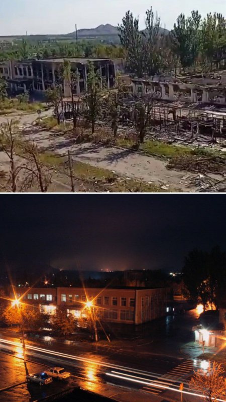 Мар'їнка до та після обстрілів