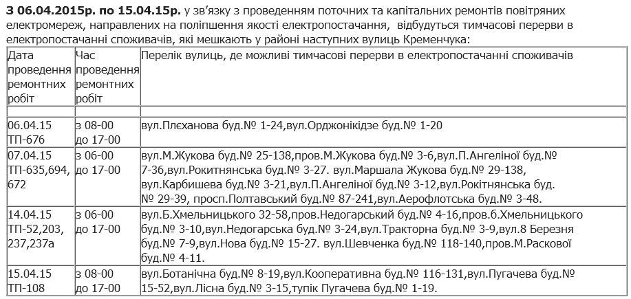 Где в Кременчуге не будет света с 6 по 15 апреля Где в Кременчуге не будет света с 6 по 15 апреля