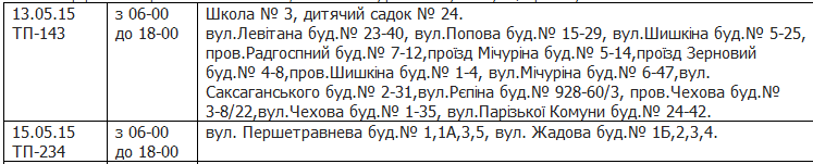 Где в Кременчуге не будет света с 12 по 15 мая Где в Кременчуге не будет света с 12 по 15 мая
