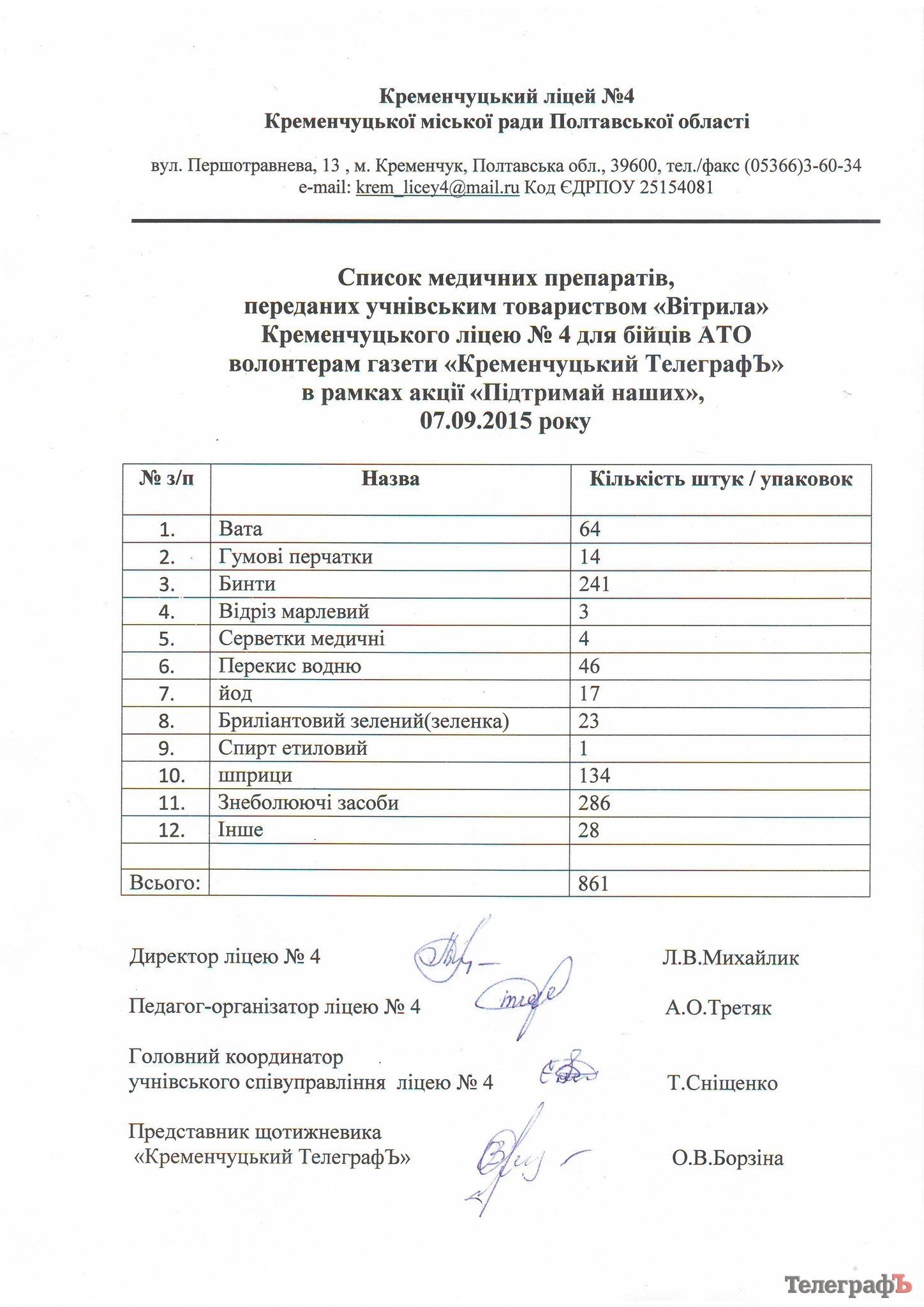 Ученики кременчугского лицея №4 передали медикаменты для военных Ученики кременчугского лицея №4 передали медикаменты для военных