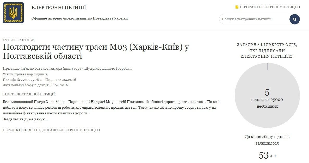 Порошенка просять відремонтувати «жахливу» полтавську частину траси Київ – Харків Порошенка просять відремонтувати «жахливу» полтавську частину траси Київ – Харків