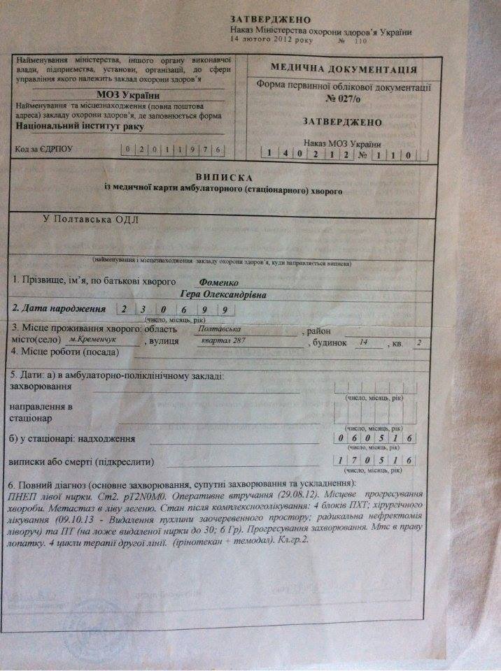 Необхідні кошти на лікування кременчужанки Гери Фоменко Необхідні кошти на лікування кременчужанки Гери Фоменко