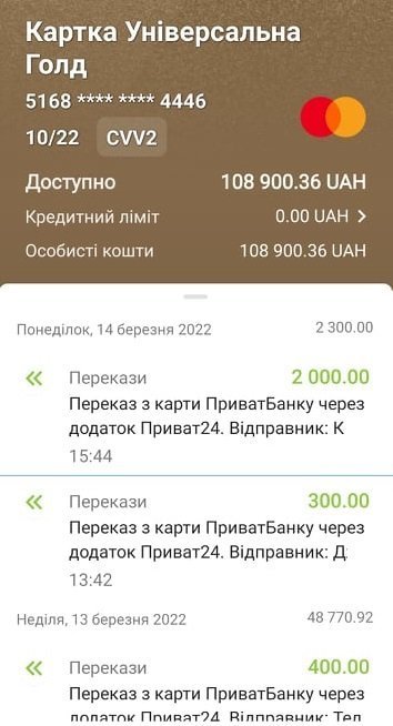 Надходження коштів на картку власника та керівника Телеграфа